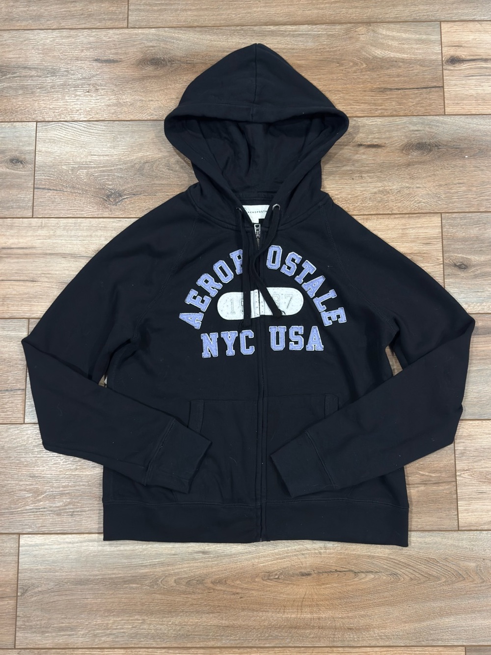AEROPOSTALE 2000s Y2k Black Zip-up Purple Logo Hoodie | Size Large